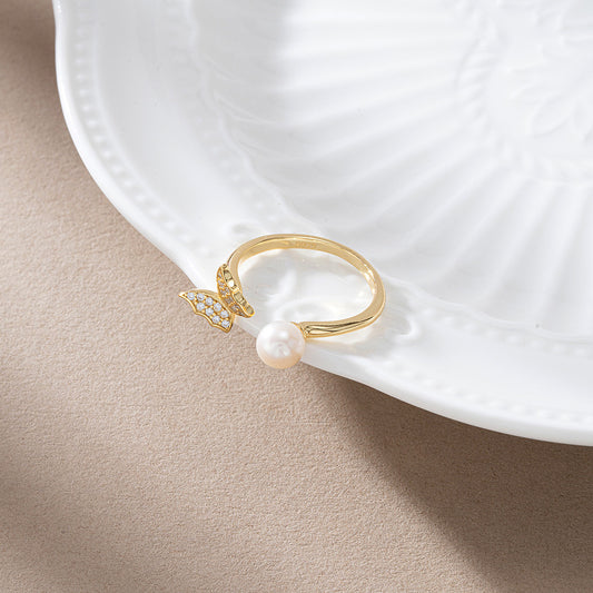 Gold Plated Sterling Silver Natural Pearl Butterfly Open Ring