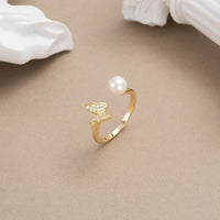 Gold Plated Sterling Silver Natural Pearl Butterfly Open Ring