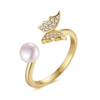 Gold Plated Sterling Silver Natural Pearl Butterfly Open Ring