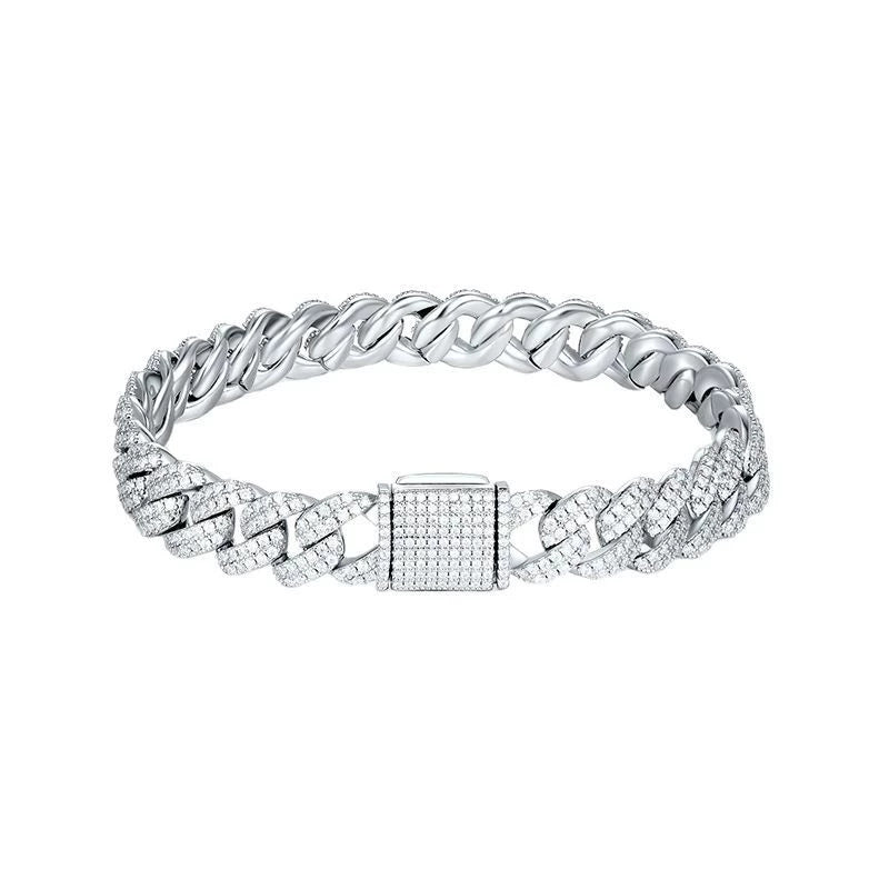10mm Moissanite D Color Sterling Silver Cuban Link Bracelet
