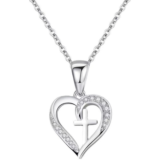 Sterling Silver Heart & Cross Pendant Necklace