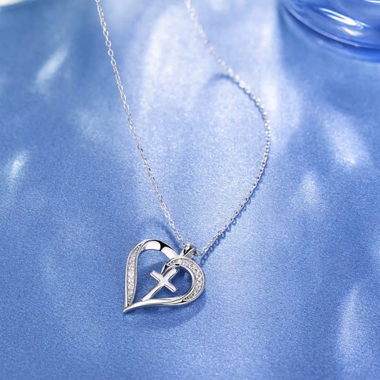 Sterling Silver Heart & Cross Pendant Necklace