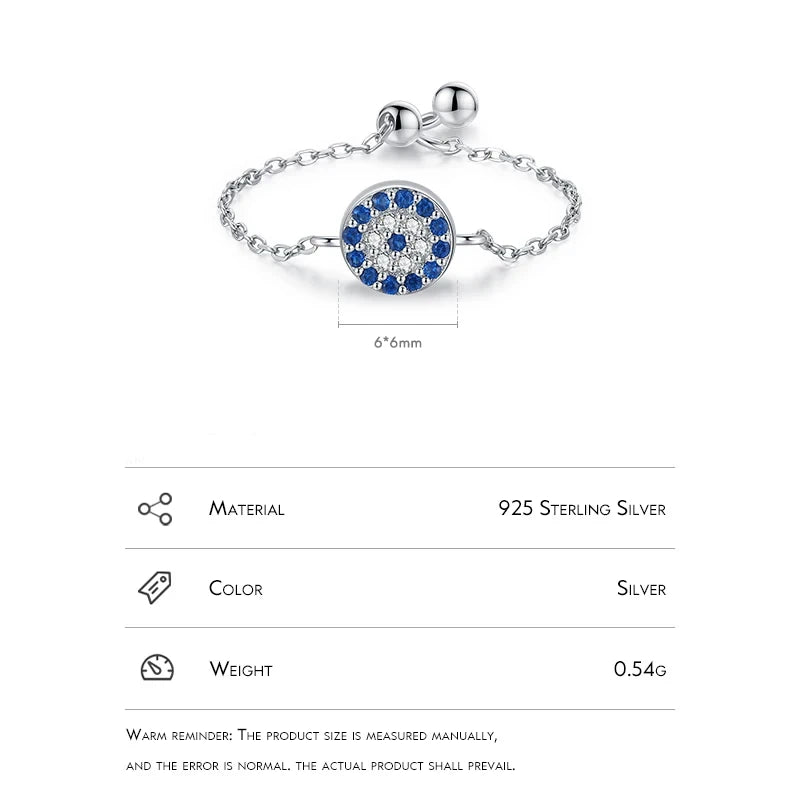 Sterling Silver Adjustable Blue Evil Eye Chain Ring