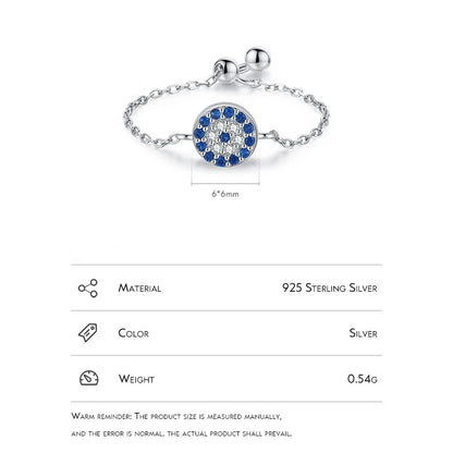 Sterling Silver Adjustable Blue Evil Eye Chain Ring