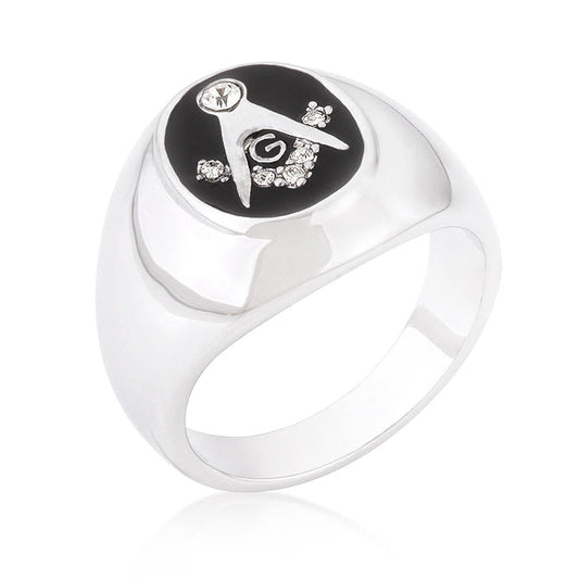 Rhodium-Plated Onyx Masonic Ring