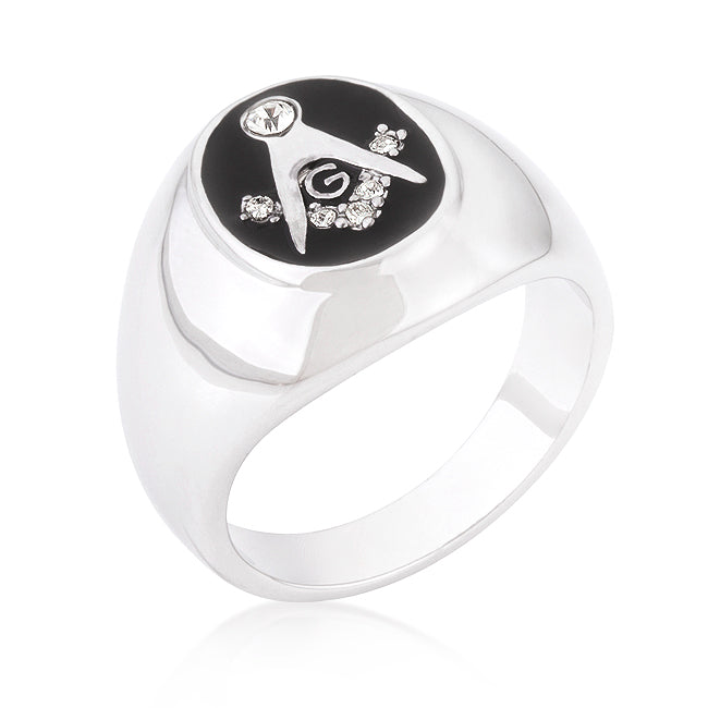 Rhodium-Plated Onyx Masonic Ring