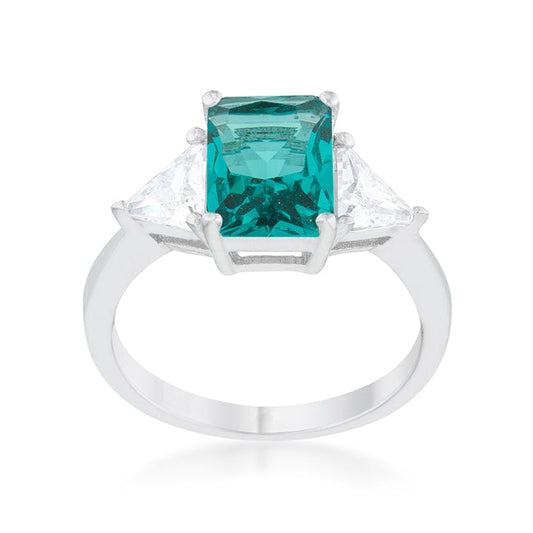 Classic Aqua Rhodium CZ Engagement Ring