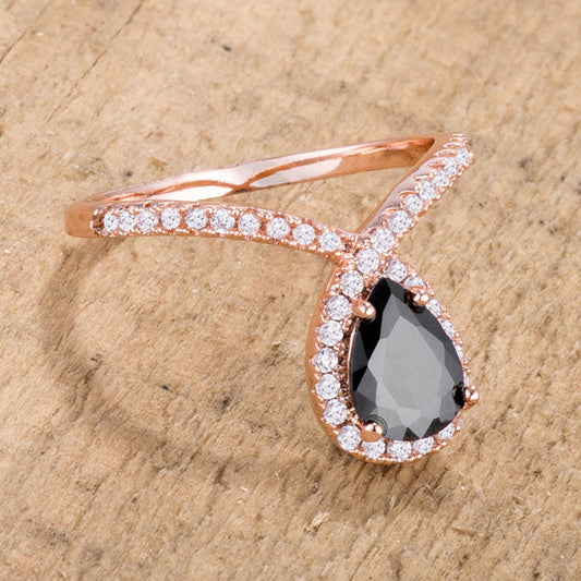 Rose Goldtone Chevron Ring with Onyx Cubic Zirconia