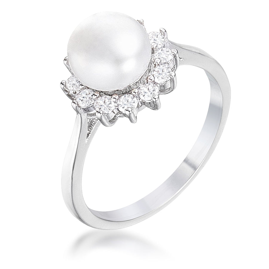Freshwater Pearl and Crystal Halo Ring, Rhodium Plated