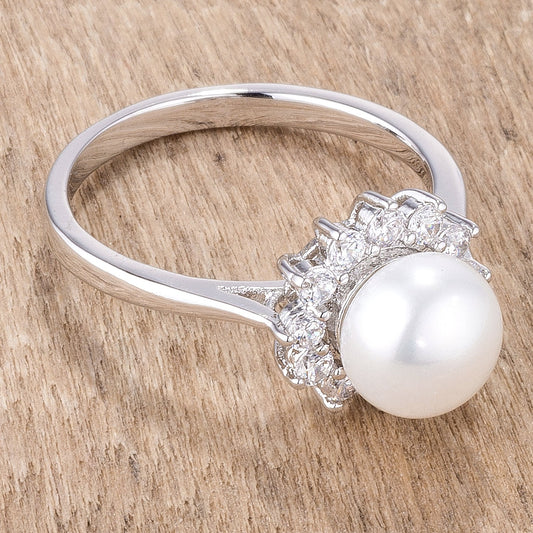 Rhodium Plated Freshwater Pearl and CZ Halo Ring