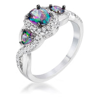 Rhodium and Hematite Plated Mystic and Clear Crystal Three-Stone Twisted Shank Ring