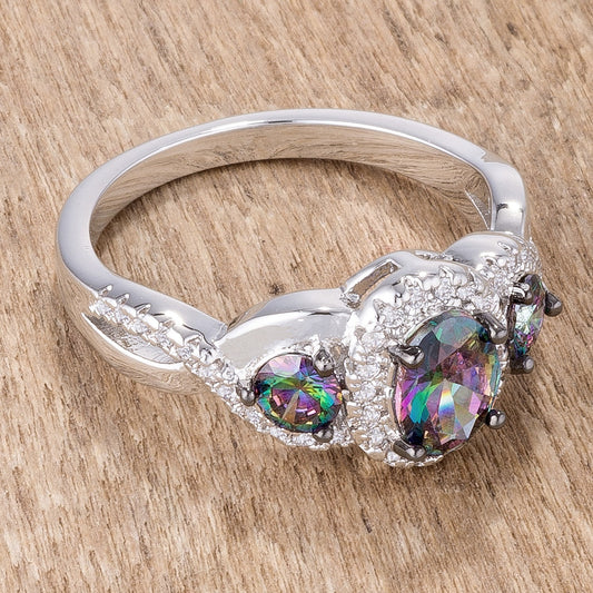 Mystic and Clear CZ Three-Stone Twisted Shank Ring