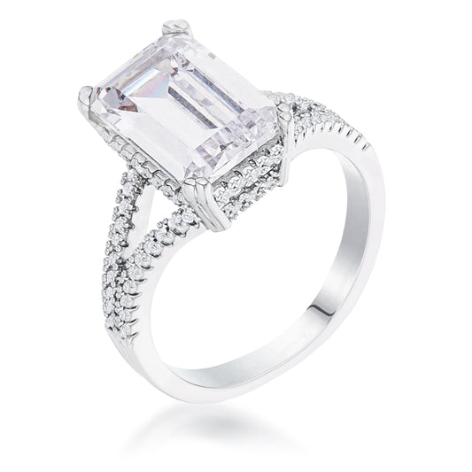 Rhodium Plated Emerald Cut Wishbone Ring