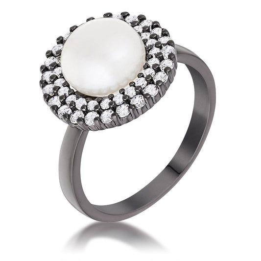 Ethereal Pearl Double Halo Ring in Hematite