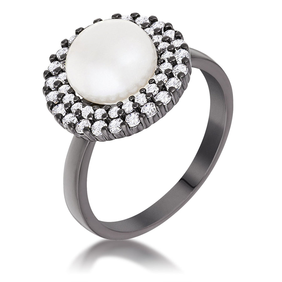 Ethereal Pearl Double Halo Ring in Hematite