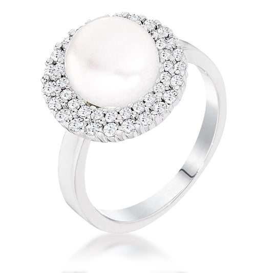 Rhodium Double Halo Ethereal Pearl Cocktail Ring