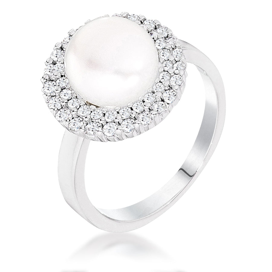 Rhodium Double Halo Ethereal Pearl Cocktail Ring