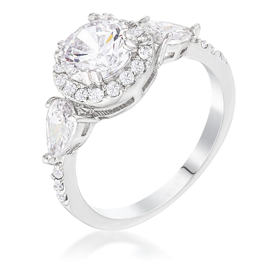 Rhodium Plated 3-Stone Clear CZ Engagement Ring, Round Halo with Pear Sides