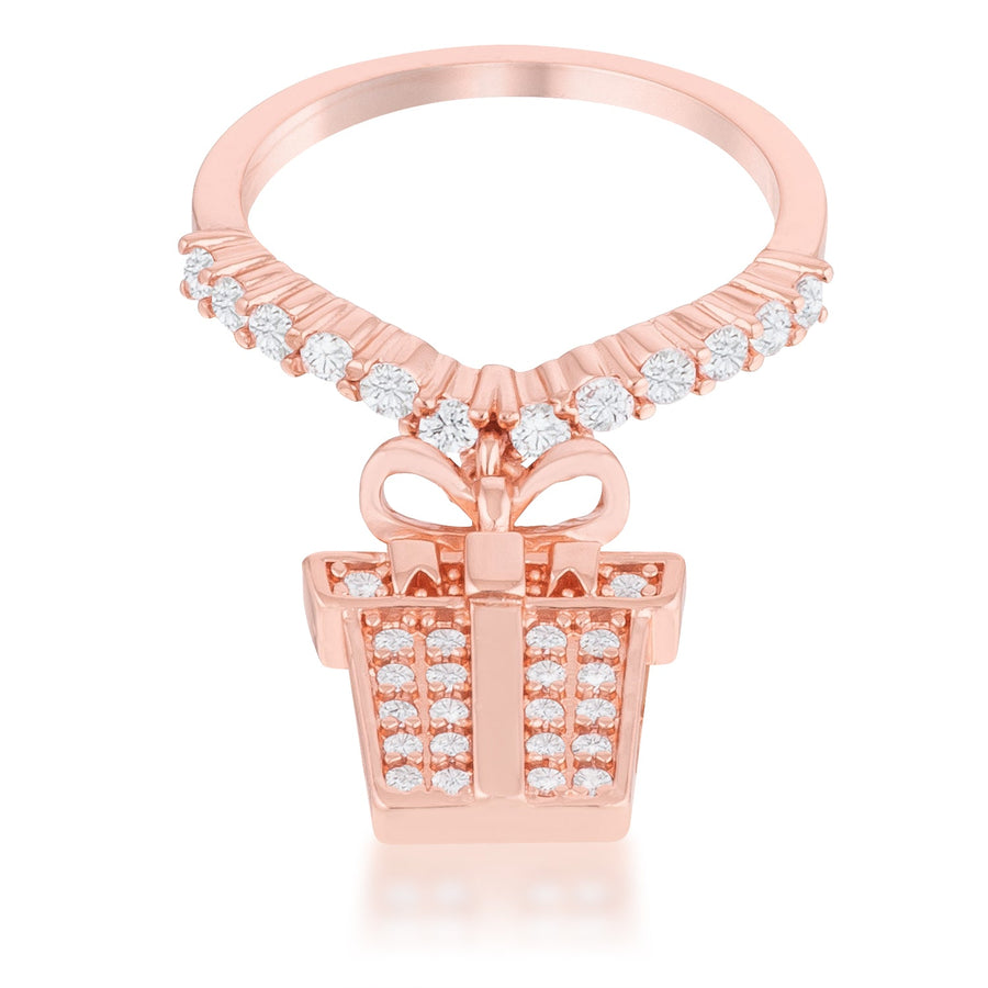 Bow Gift Box Rose Goldtone Crystal Charm Ring