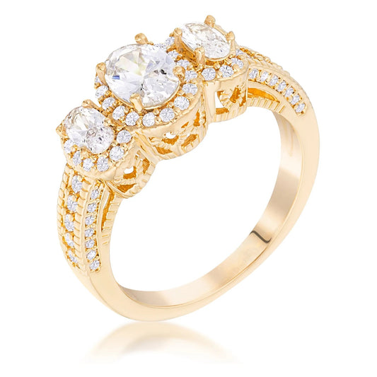 Gold Plated 3-Stone Oval Cut CZ Halo Ring