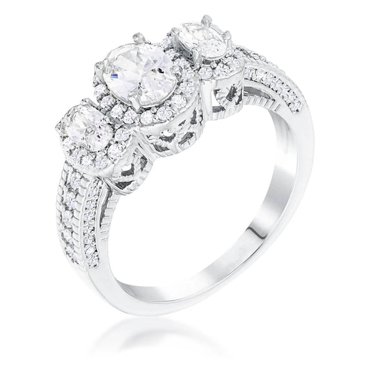Rhodium Plated 3-Stone Clear Oval CZ Halo Ring