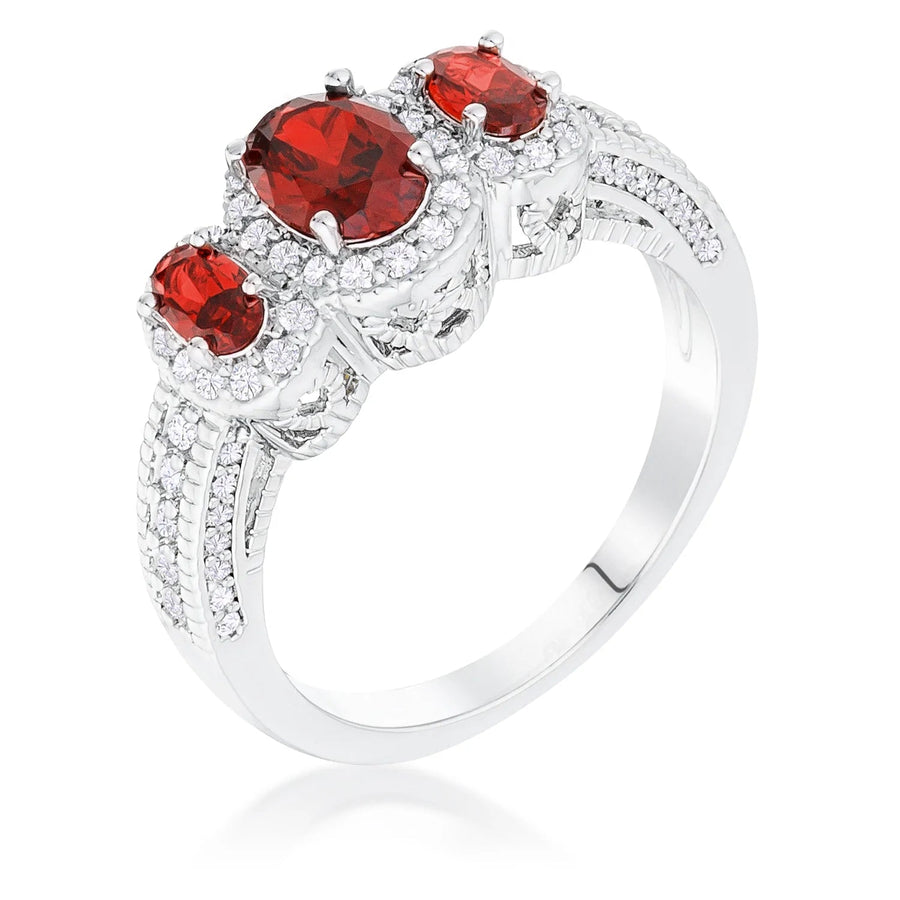 Rhodium-Plated Three-Stone Garnet Oval Crystal Halo Ring