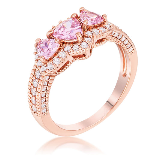 Rose Gold Plated Three-Stone Trillion Cut Pink CZ Halo Ring