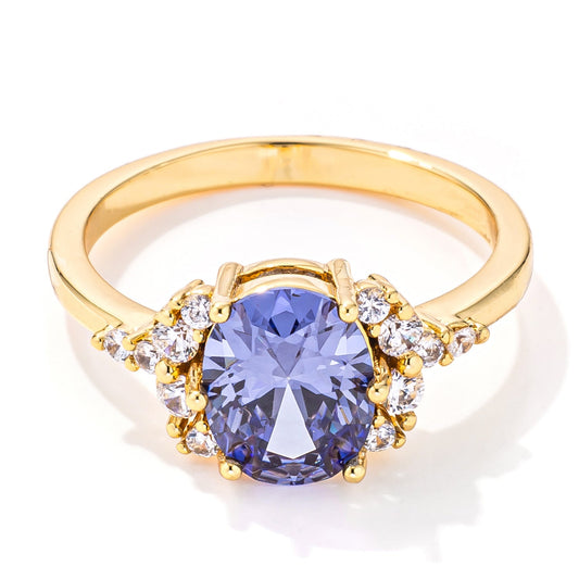 Gold-Plated Oval Tanzanite CZ Engagement Ring, 3 ct
