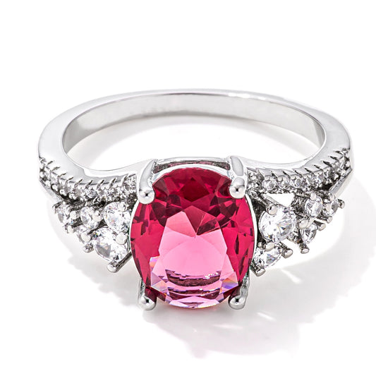 Raspberry Sparkle CZ Ring, Rhodium Plated