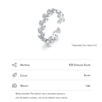 Sterling Silver Tree Leaf Band Adjustable Open Ring
