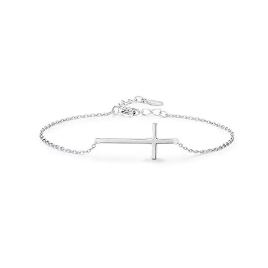Rhodium Plated Sterling Silver Minimalist Cross Bracelet