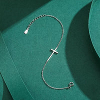 Rhodium Plated Sterling Silver Minimalist Cross Bracelet