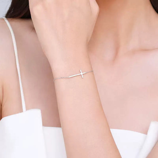 Rhodium Plated Sterling Silver Minimalist Cross Bracelet