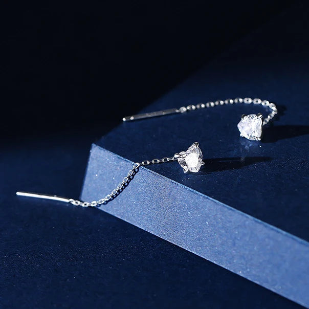 Sterling Silver Square Heart Tassel Drop Earrings