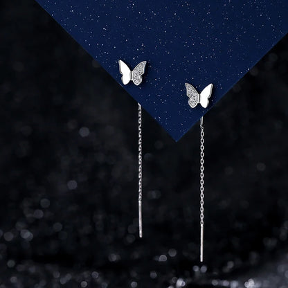 Sterling Silver Butterfly Heart Tassel Drop Earrings