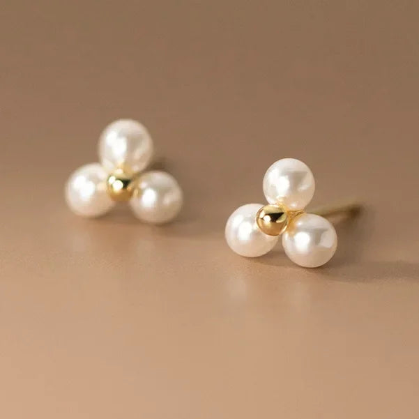 Sterling Silver Round Pearl Triangle Stud Earrings