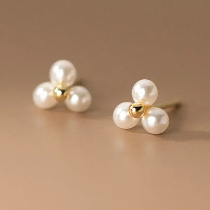 Sterling Silver Round Pearl Triangle Stud Earrings