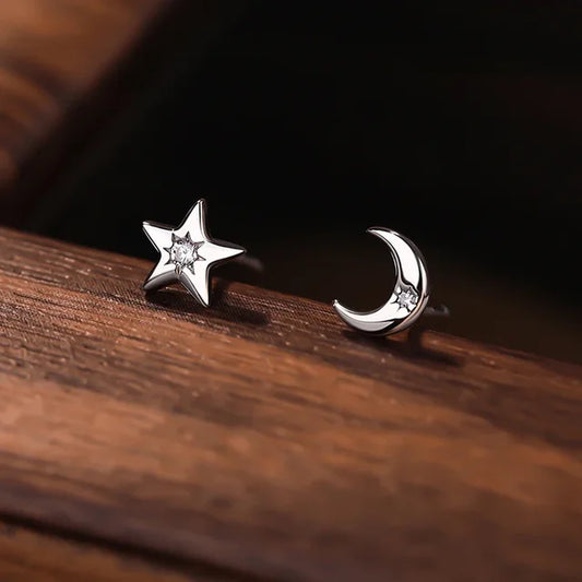 Sterling Silver Star Moon Mini Stud Earrings