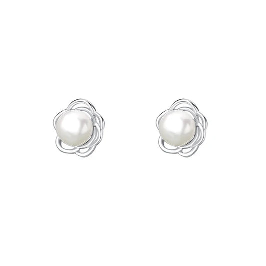 Sterling Silver Pearl Flower Stud Earrings