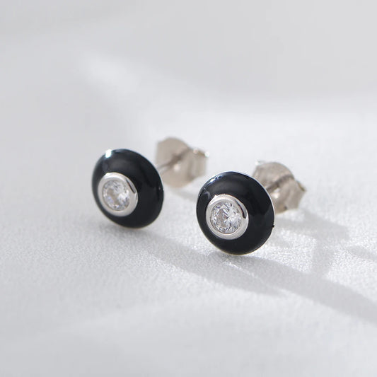 Gold Plated Sterling Silver Black Enamel Stud Earrings