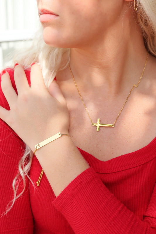 18K Gold PVD Stainless Steel Adjustable Cross Cutout Bar Bracelet