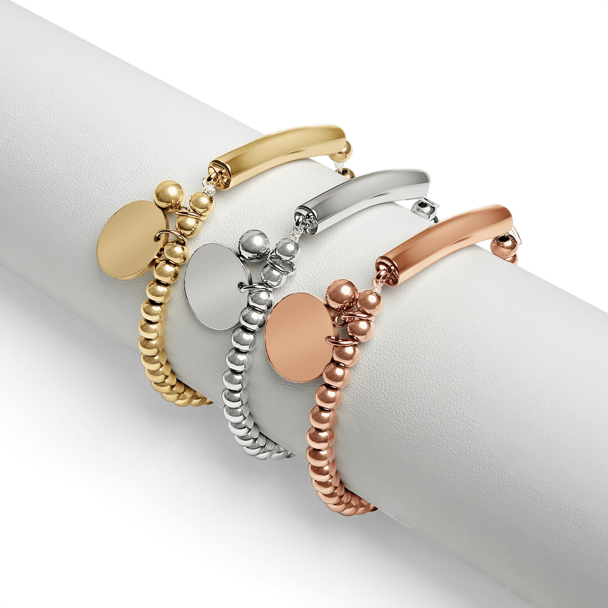 18K Gold PVD Beaded Stretch Bracelet with Engravable Charm