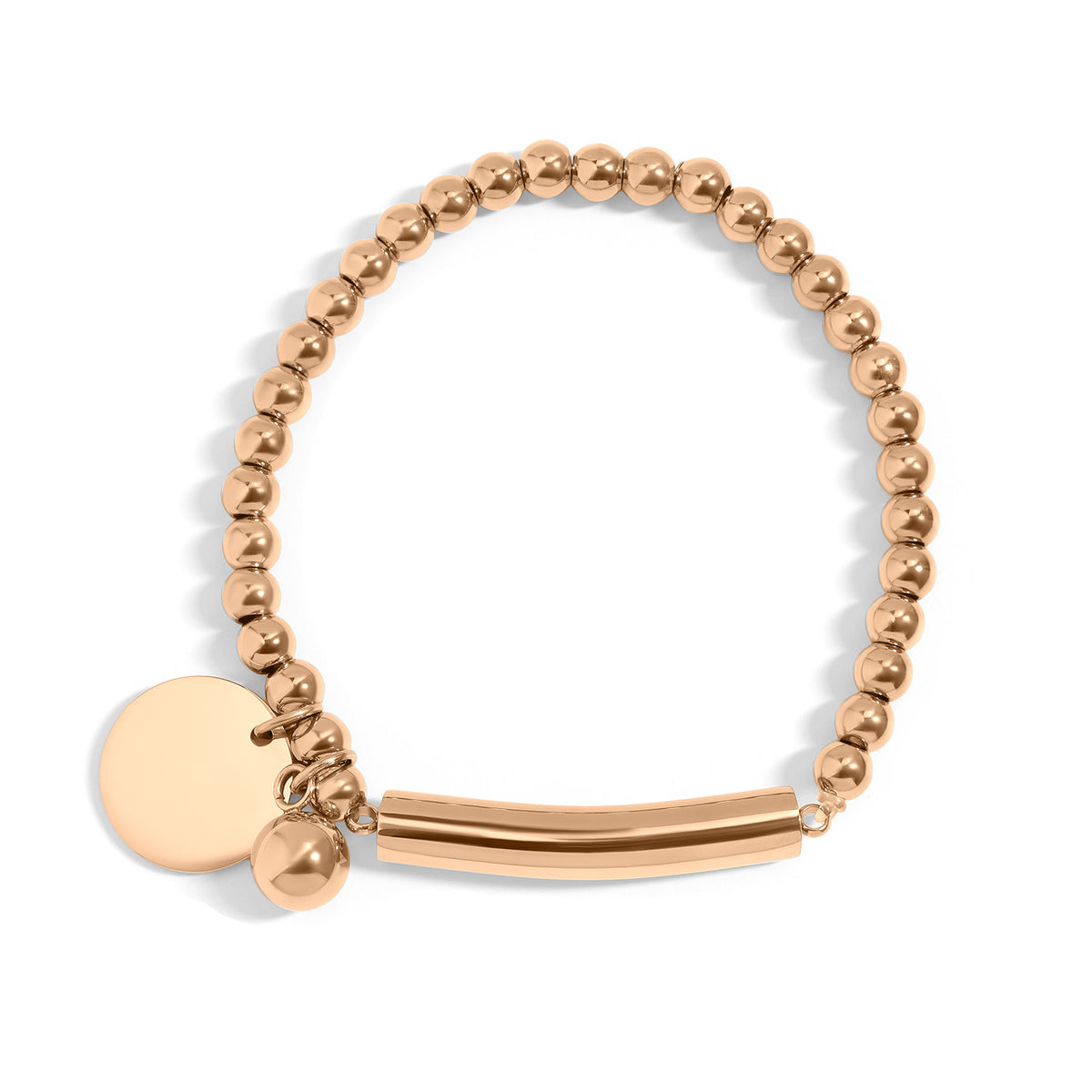 18K Gold PVD Beaded Stretch Bracelet with Engravable Charm