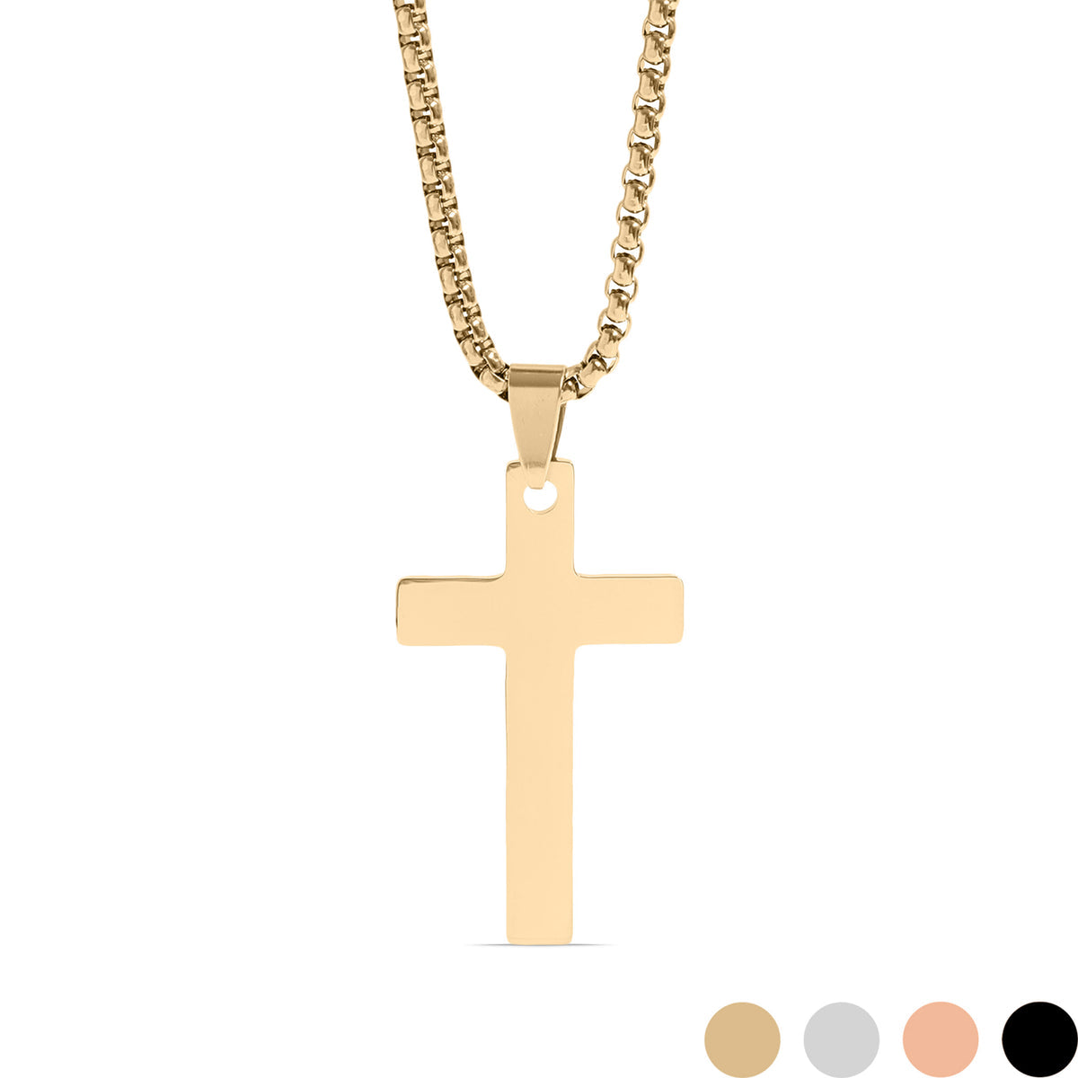 18K Gold PVD Stainless Steel Cross Pendant with Rounded Box Chain