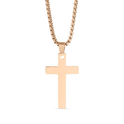 18K Gold PVD Stainless Steel Cross Pendant with Rounded Box Chain