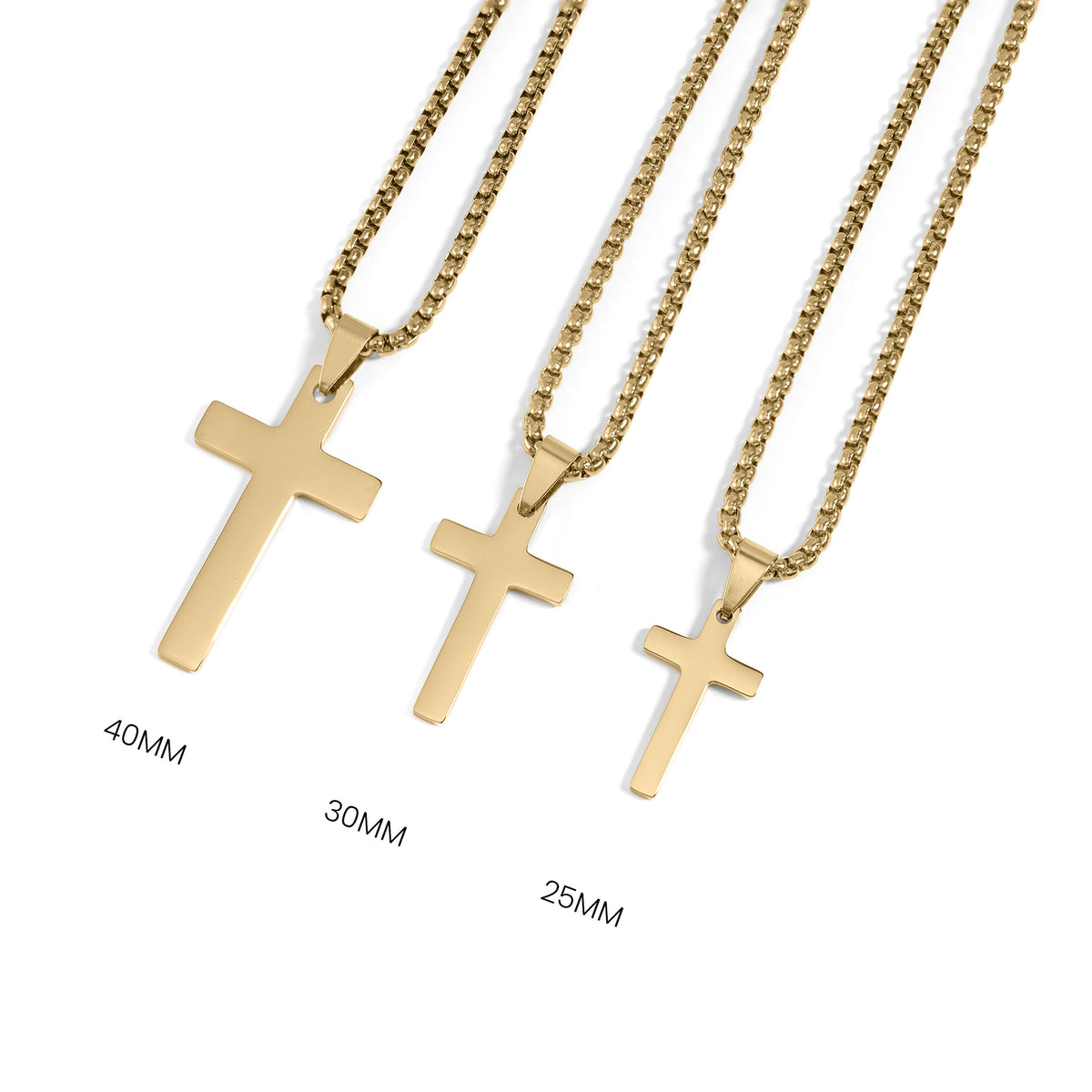 18K Gold PVD Stainless Steel Cross Pendant with Rounded Box Chain