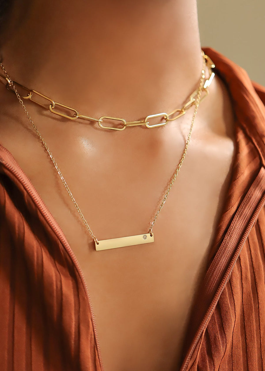 18K Gold Stainless Steel Bar Birthstone Necklace