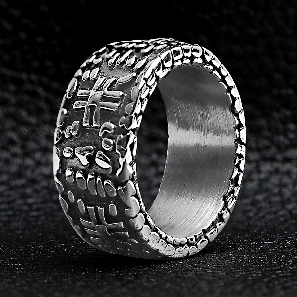 Detailed Cross Stone Wall Stainless Steel Ring
