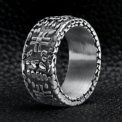 Detailed Cross Stone Wall Stainless Steel Ring