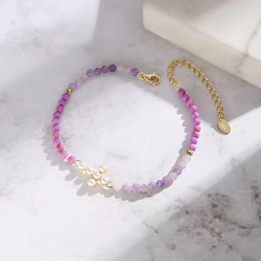 Sterling Silver Natural Stone Beads Cross Bracelet